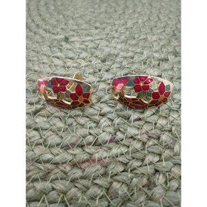 Vintage Cloisonne Gold Tone Clip-On Earrings With Red & Green Floral Enamel Desi